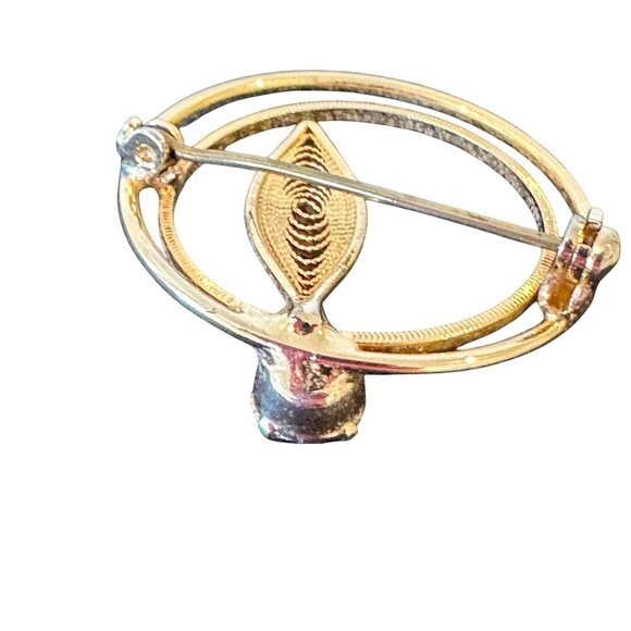 Vintage Gold Double Circle Brooch Leaf Filigree Design Amber Rhinestone 1.25in - Picture 6 of 14